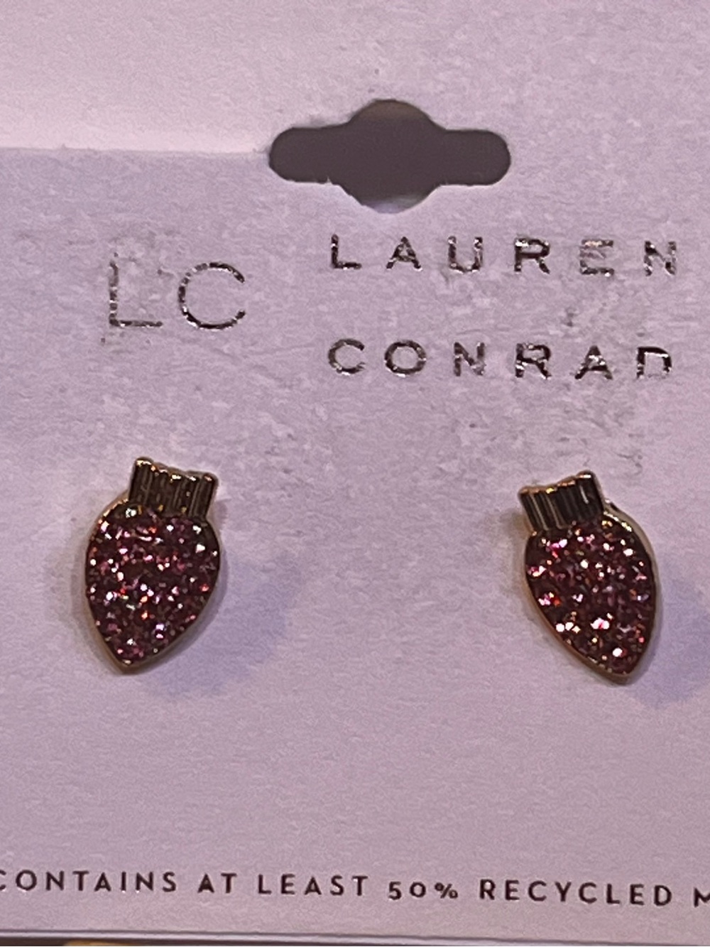 LC Lauren Conrad Pink Glitter Strawberry Stud Earrings with Gold Trim